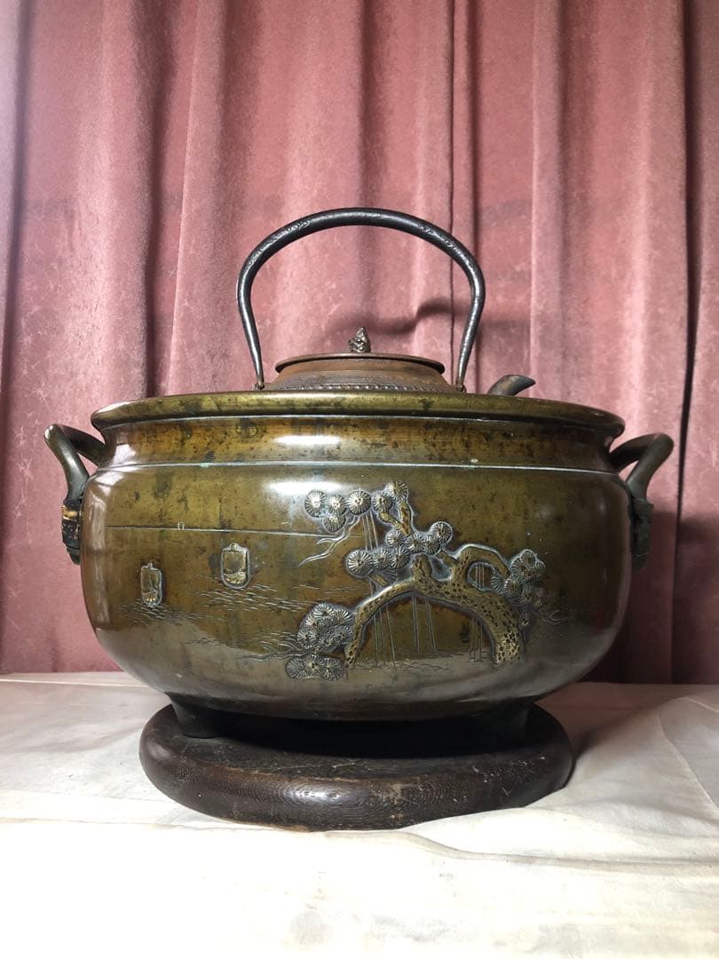 茶道具：明治時代火鉢、伍德2点セットです、骨董、最大直径45cm