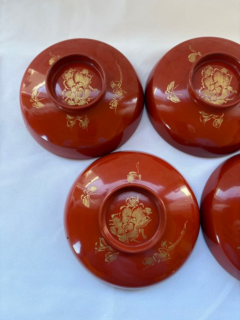 【時代物】輪島塗 沈金 牡丹蝶文 朱塗 吸物椀 蓋 5客セット