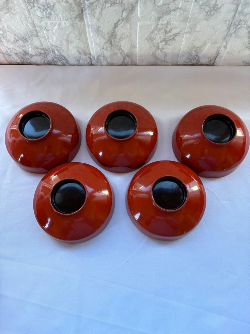 【時代物】輪島塗 沈金 牡丹蝶文 朱塗 吸物椀 蓋 5客セット