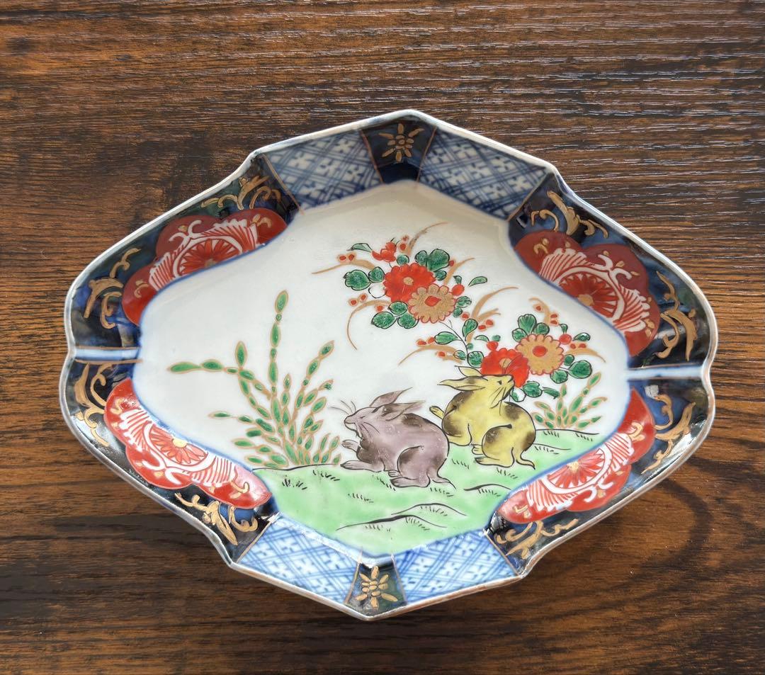 明治時代、伊万里、兎図、色絵、 菱形、Rabbit、即購入OK、匿名発送、 B
