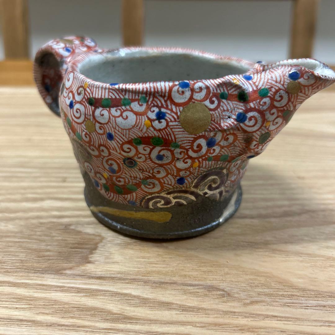 希少　作家　人気陶芸作家　苧坂恒治作　渦赤絵　総手描き　取手付き片口　1点もの
