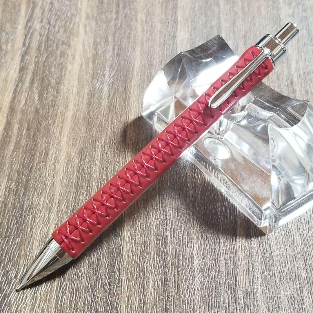 革軸シャーペン 0.5mm 手縫い仕立て（コードバン・レッド）