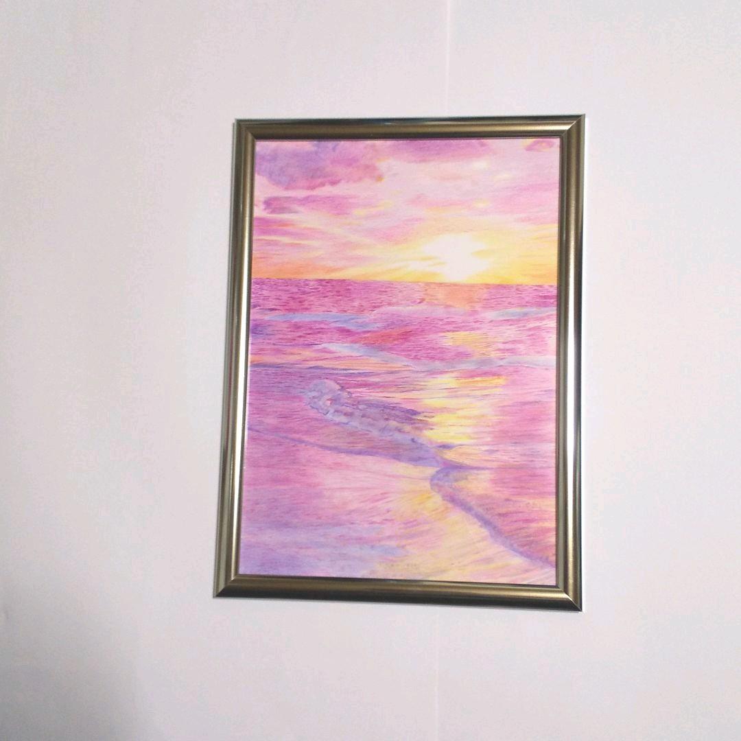色鉛筆アート 夕日に照らされる海 風景画