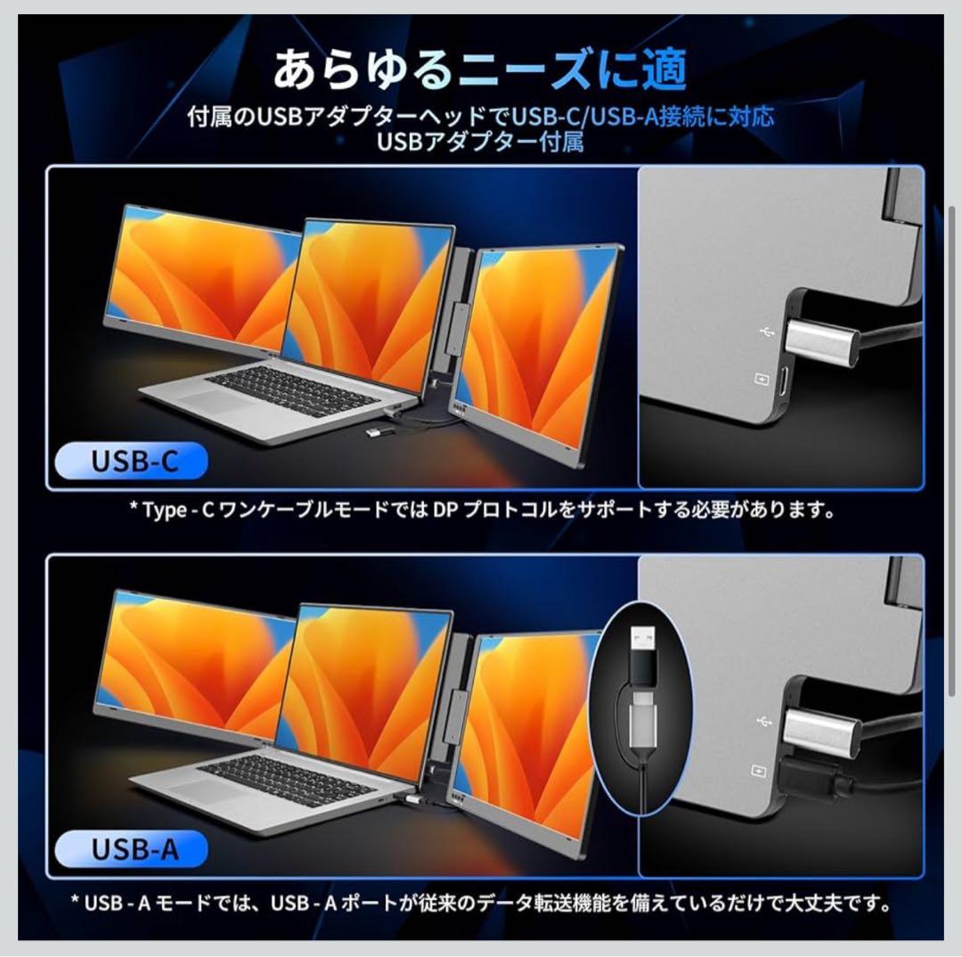 14インチ モバイルトリプルモニター Type-C ケーブル1本接続
