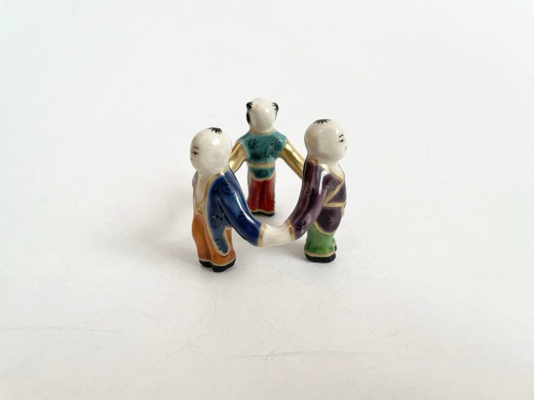 陶芸家　平安　手塚桐鳳　色絵　三ツ人形　蓋置　共箱　茶道具