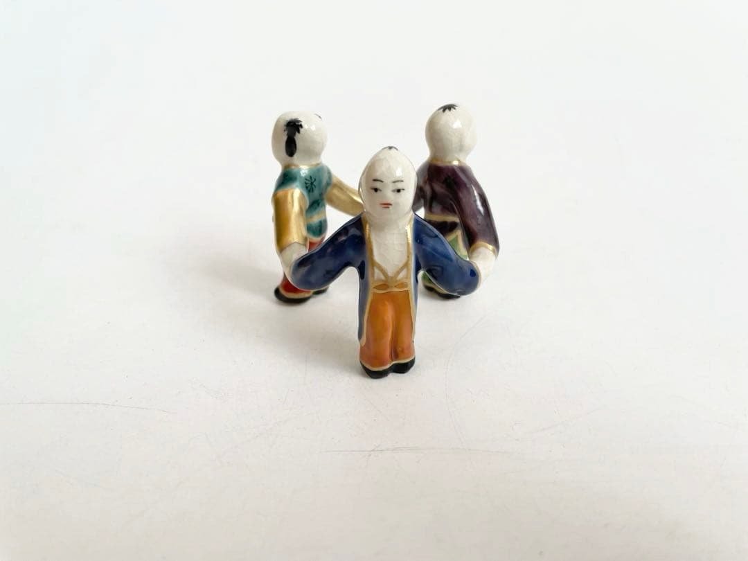 陶芸家　平安　手塚桐鳳　色絵　三ツ人形　蓋置　共箱　茶道具