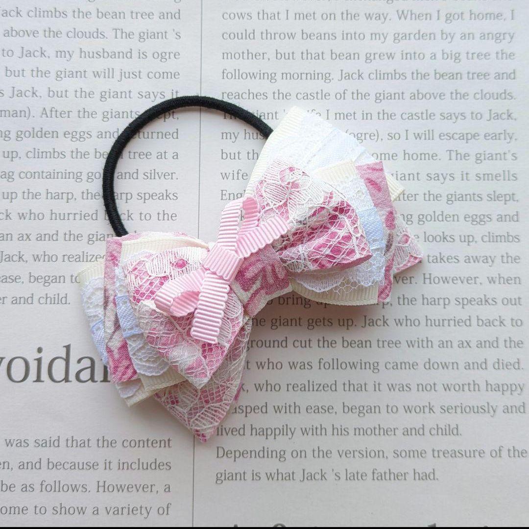 リボン　ヘアゴム♡fleur ribbon♡レース♡花柄♡ピンク♡ハンドメイド