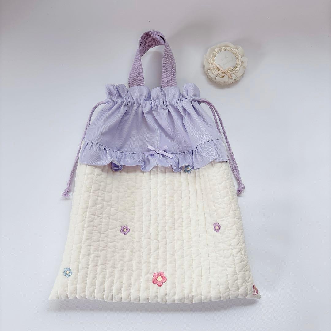 ヌビ　お花　刺繍生地　レッスンバッグ　上履き袋　体操着袋　キルト　キルティング
