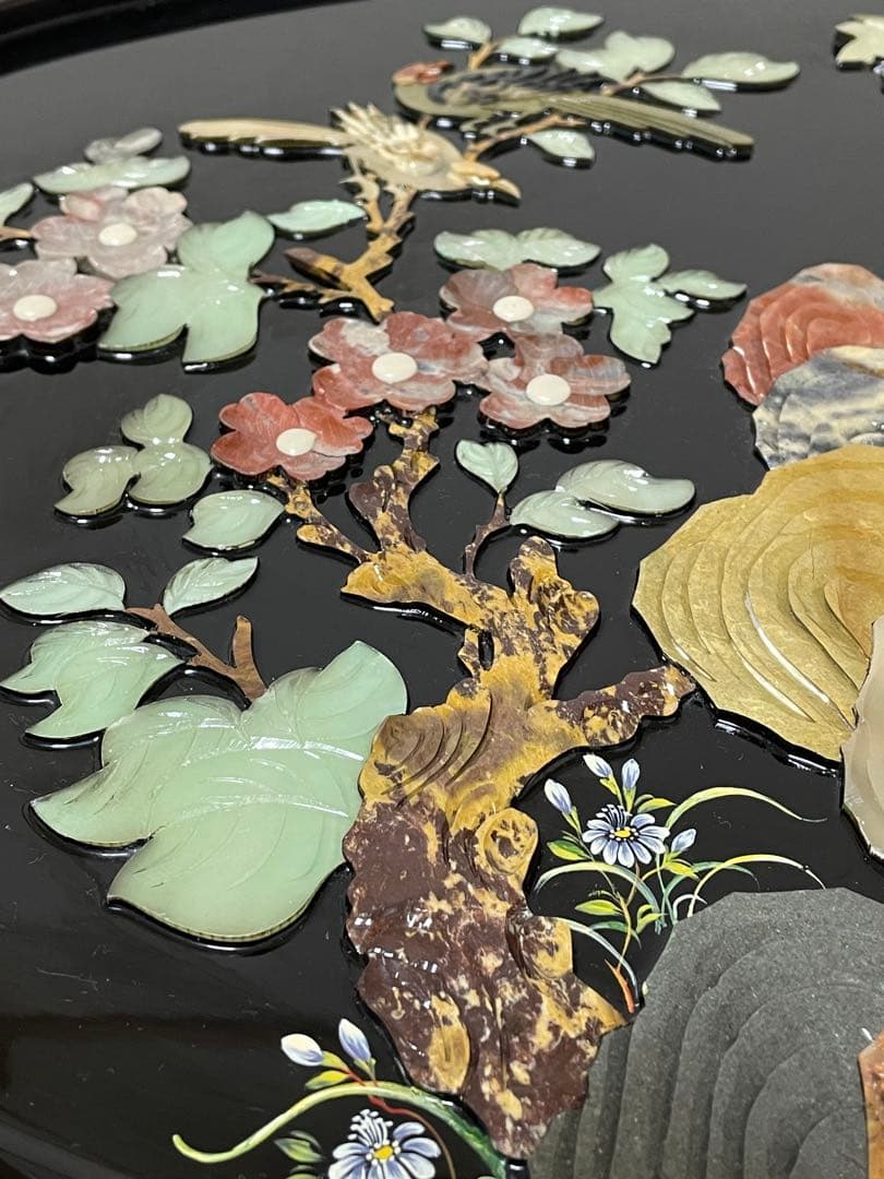 中国美術 黒漆 玉石象嵌 螺鈿細工 花鳥図　座卓 天然石細工 テーブル レトロ