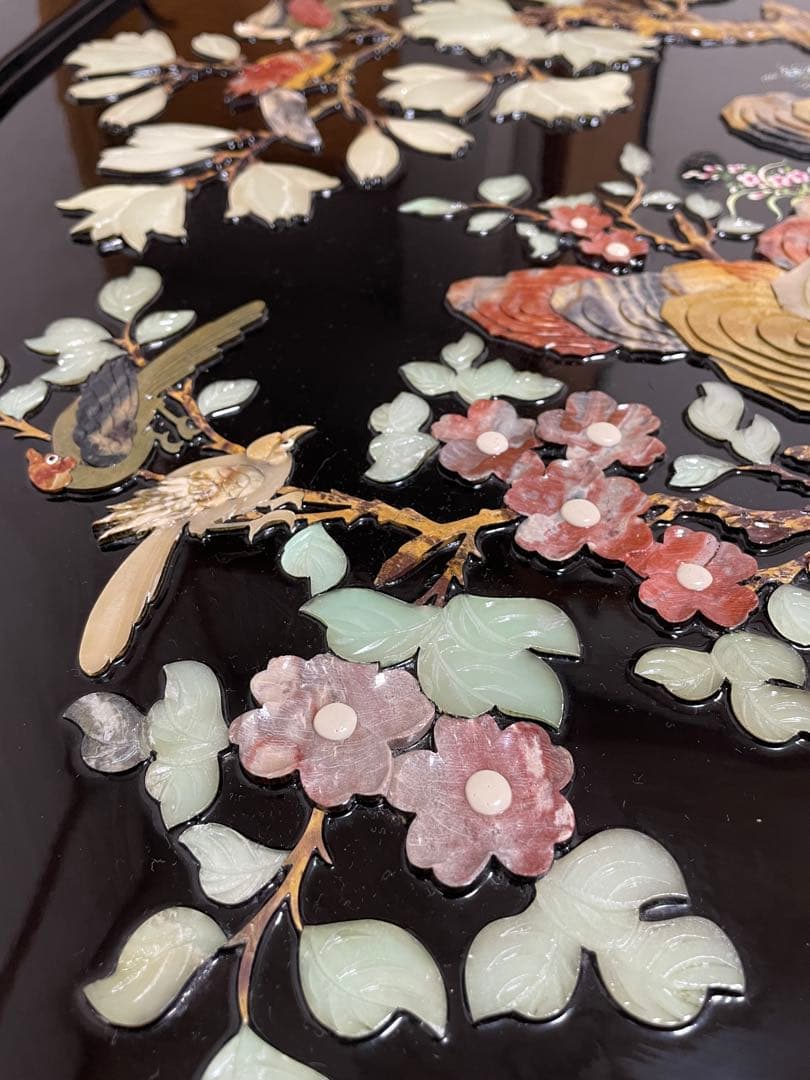 中国美術 黒漆 玉石象嵌 螺鈿細工 花鳥図　座卓 天然石細工 テーブル レトロ