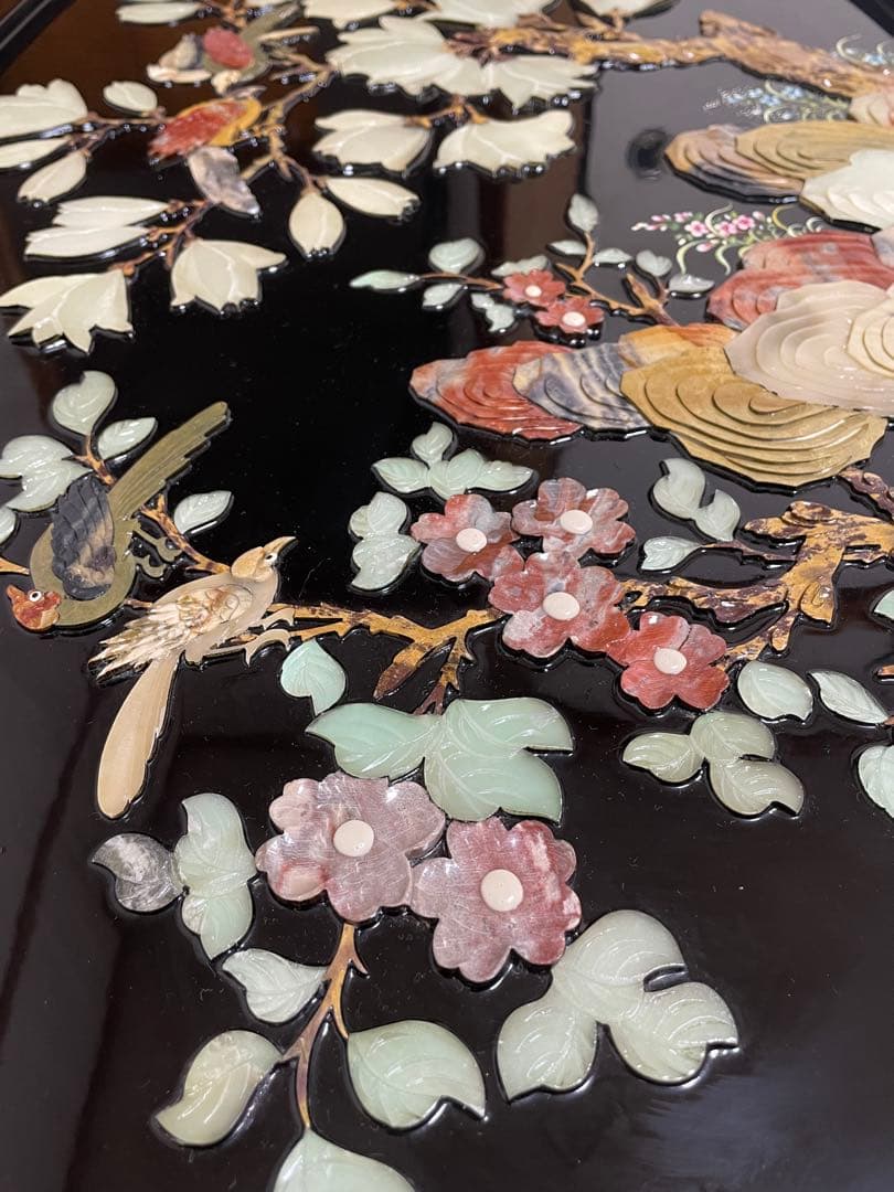 中国美術 黒漆 玉石象嵌 螺鈿細工 花鳥図　座卓 天然石細工 テーブル レトロ