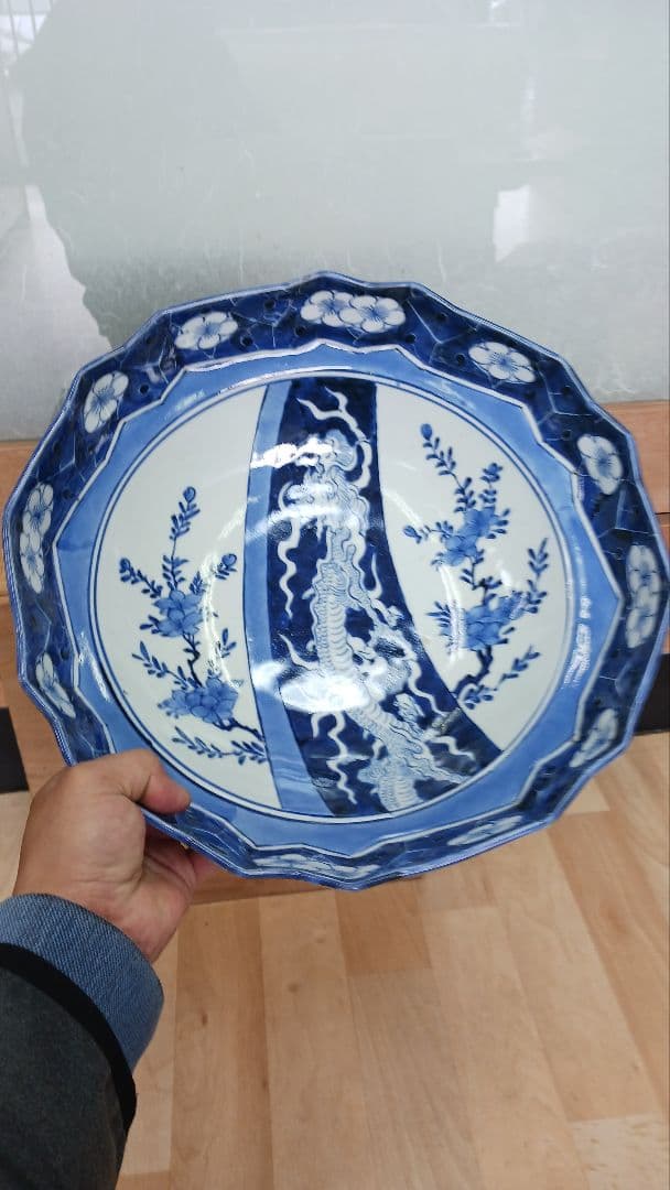 時代物　古伊万里　染付　大鉢　大皿　【昇龍梅花図】　箱付　江戸期　骨董