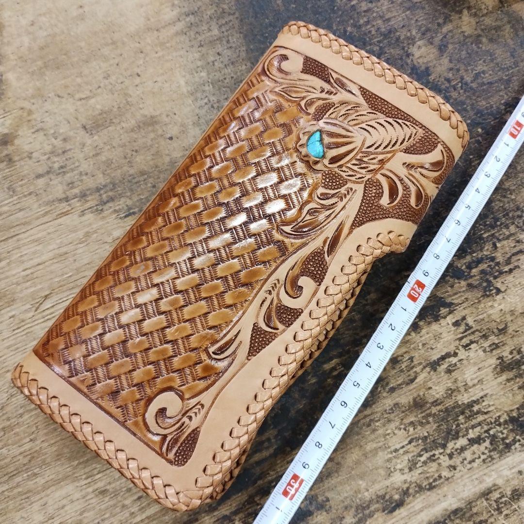 ［ 未使用 ］レザー 編み込み ハンドメイド ターコイズ装飾付き 長財布