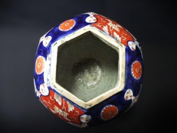 古伊万里 染付 色絵 花文 六角 花生 花瓶 時代物 骨董