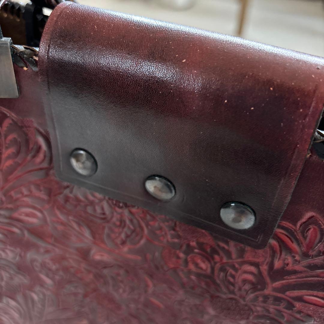 ハンドメイド　カービング　レザーバッグ　アンティーク