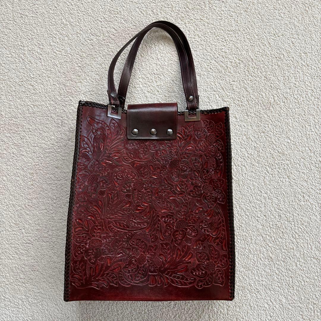 ハンドメイド　カービング　レザーバッグ　アンティーク