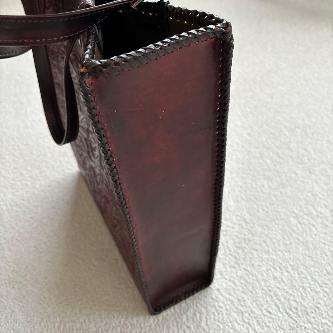 ハンドメイド　カービング　レザーバッグ　アンティーク