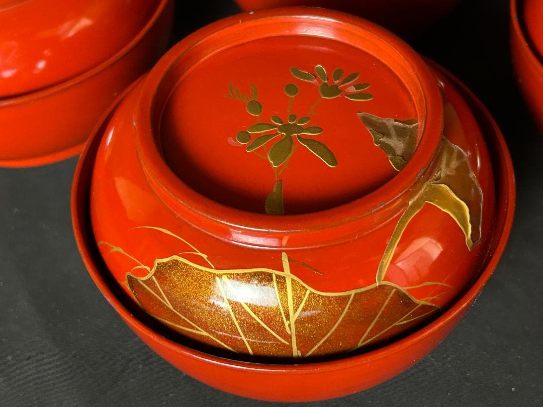 時代 輪島塗 金蒔絵 蓮図 朱塗 菓子椀 5客 茶懐石道具 74