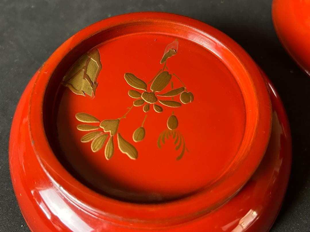 時代 輪島塗 金蒔絵 蓮図 朱塗 菓子椀 5客 茶懐石道具 74