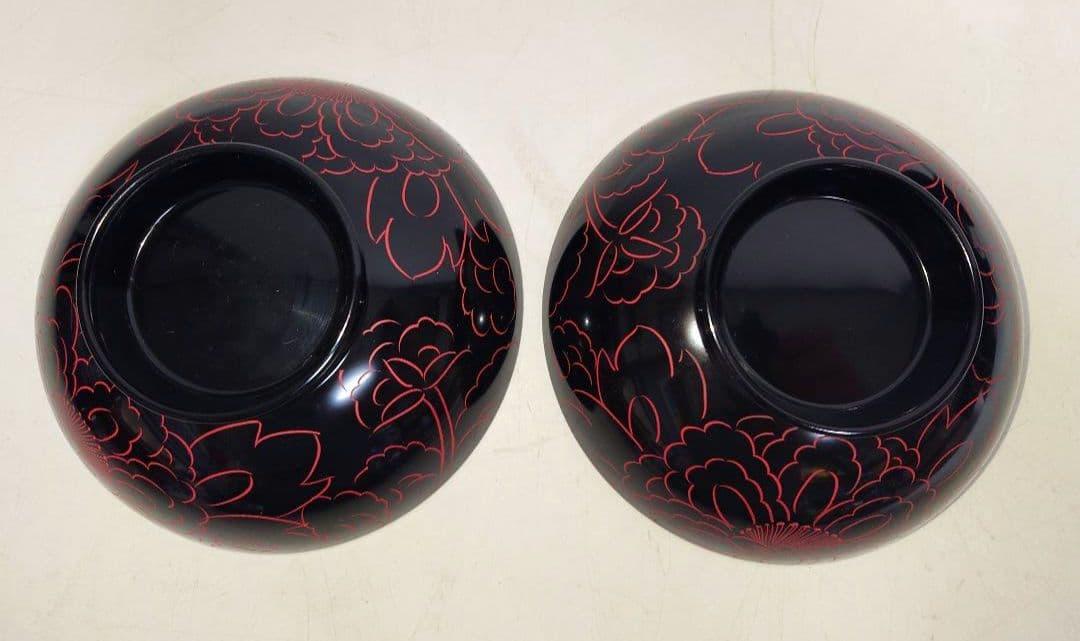 【セット】越前漆器 沈朱牡丹彫 黒内朱 汁物椀 越前塗 伝統的工芸品指定 お椀
