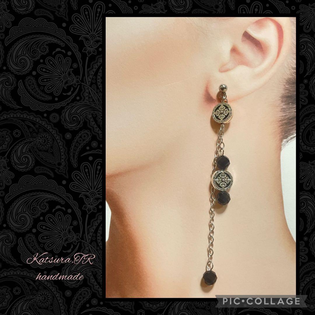 No.1157 ブラックアゲートのチェーンピアス　ロングピアス