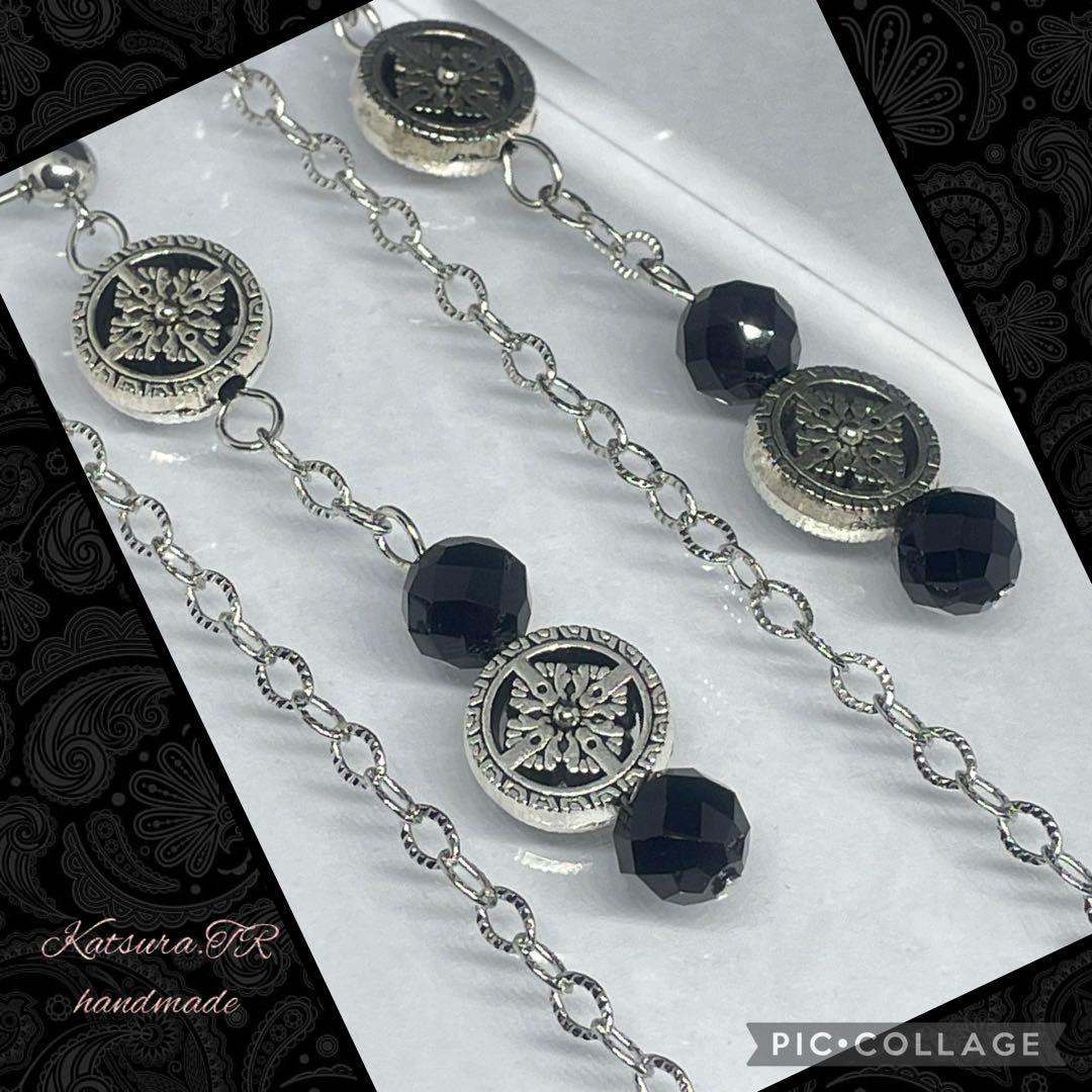 No.1157 ブラックアゲートのチェーンピアス　ロングピアス