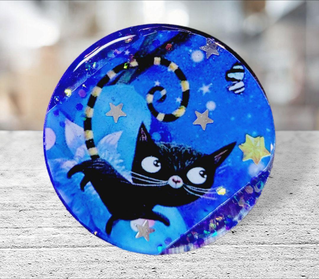 NO.648❤星を見つめる黒猫❤レジンへアゴム ブローチ