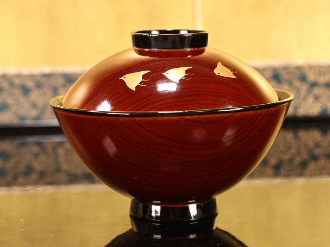 BK530　時代輪島塗　日本名所蒔絵　槻木（欅）地溜塗　吸物椀　絵違　七客　共箱