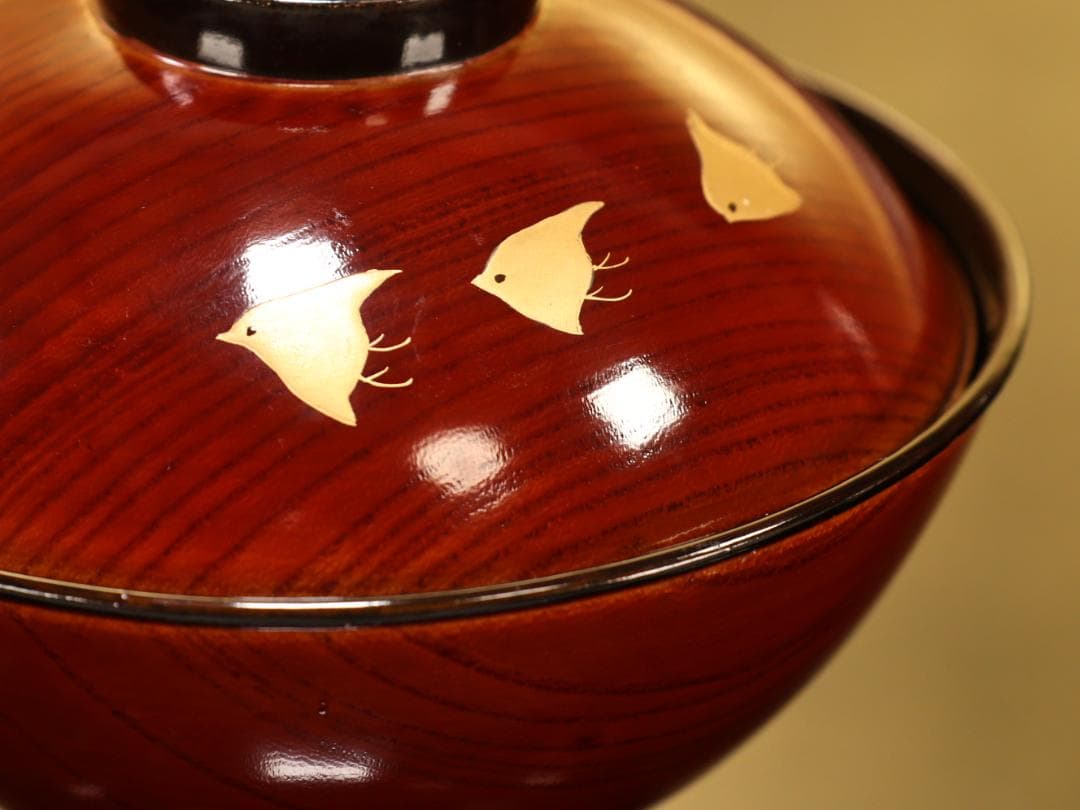 BK530　時代輪島塗　日本名所蒔絵　槻木（欅）地溜塗　吸物椀　絵違　七客　共箱