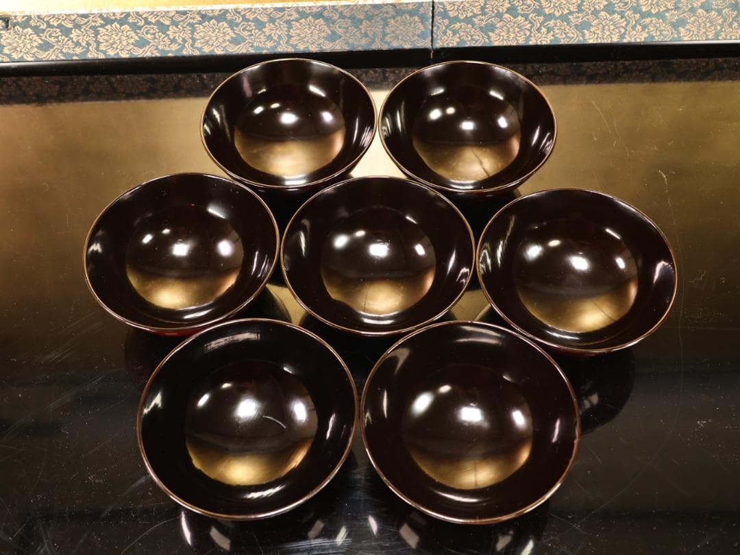 BK530　時代輪島塗　日本名所蒔絵　槻木（欅）地溜塗　吸物椀　絵違　七客　共箱