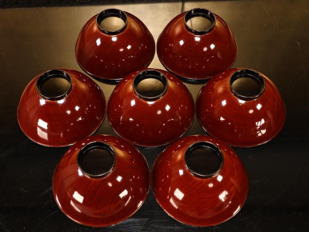 BK530　時代輪島塗　日本名所蒔絵　槻木（欅）地溜塗　吸物椀　絵違　七客　共箱