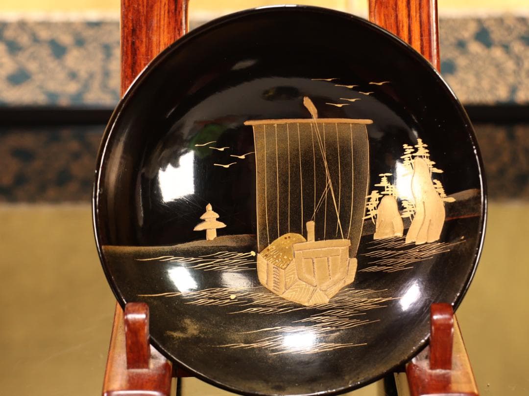 BK530　時代輪島塗　日本名所蒔絵　槻木（欅）地溜塗　吸物椀　絵違　七客　共箱