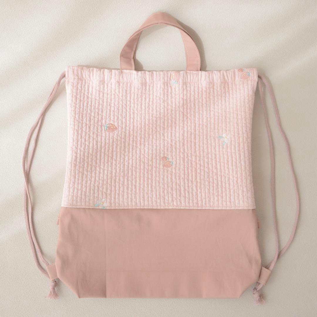 イチゴ刺繍ヌビ×フリル　入園入学3点セット/レッスンバッグ 上履き入れ 体操着袋