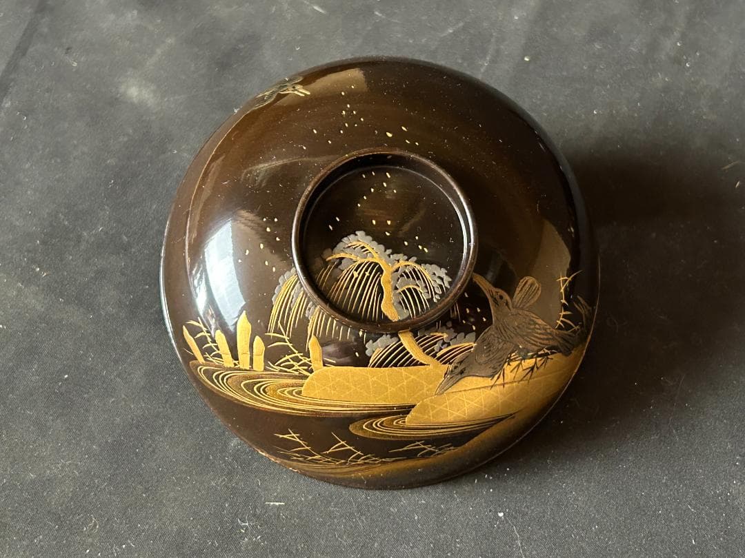 時代 輪島塗 本金蒔絵 絵替り 黒塗 天然木 吸物椀 9客 茶懐石道具980
