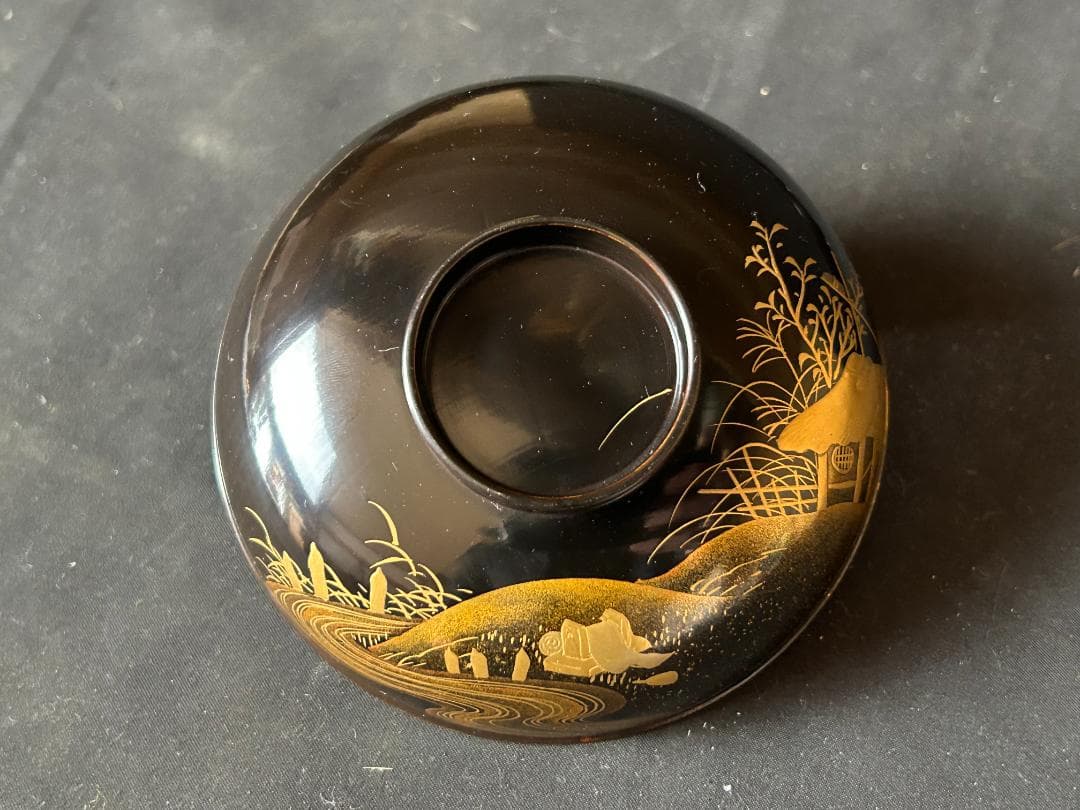 時代 輪島塗 本金蒔絵 絵替り 黒塗 天然木 吸物椀 9客 茶懐石道具980