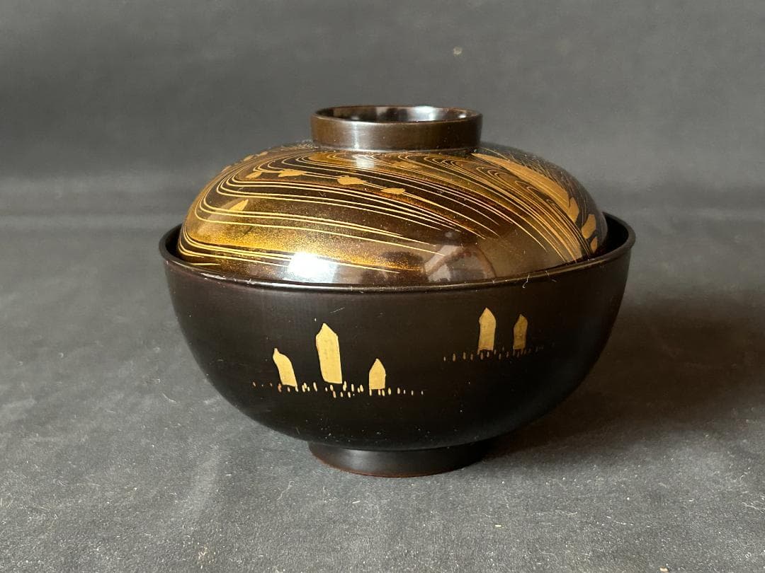 時代 輪島塗 本金蒔絵 絵替り 黒塗 天然木 吸物椀 9客 茶懐石道具980