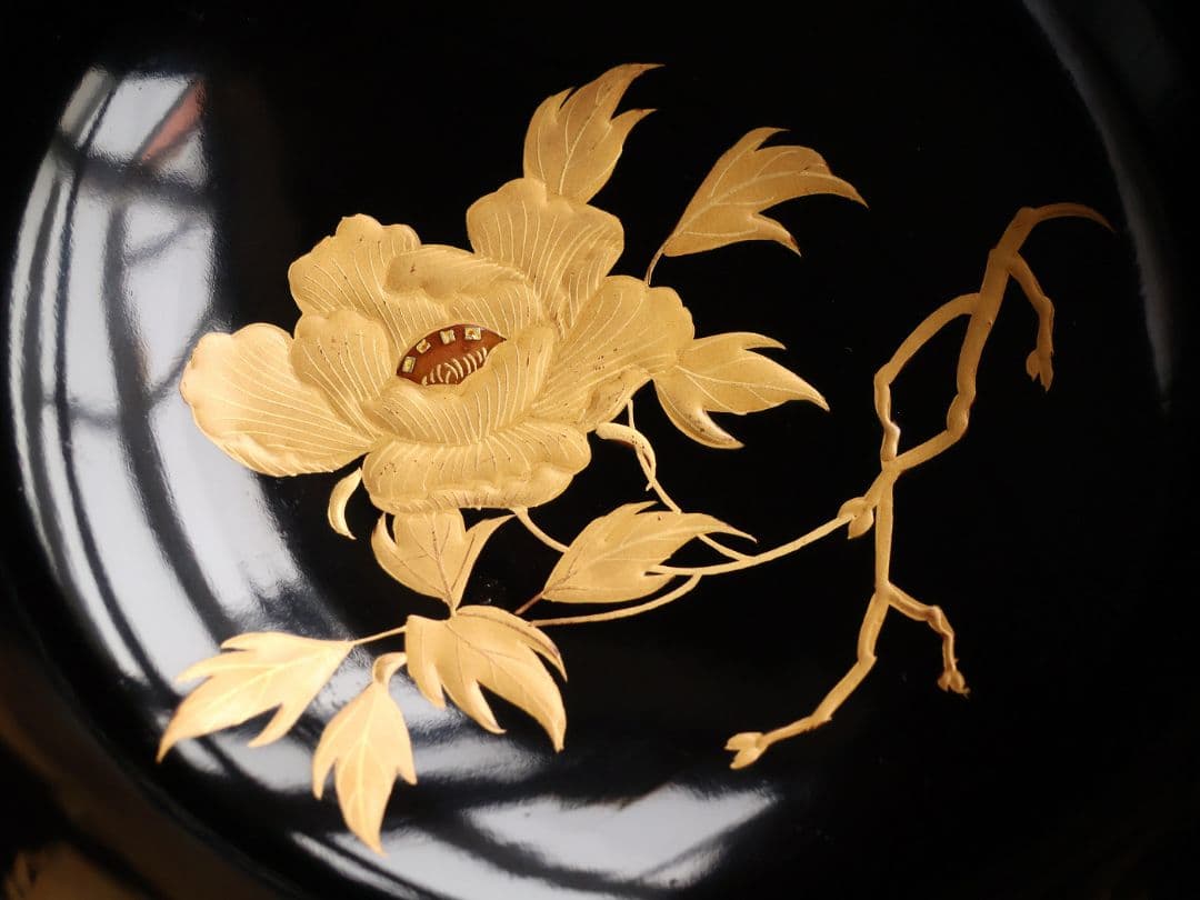 【CM432】天然木漆塗 獅子牡丹唐草金蒔絵 黒塗椀 五客 / (検) 輪島加賀