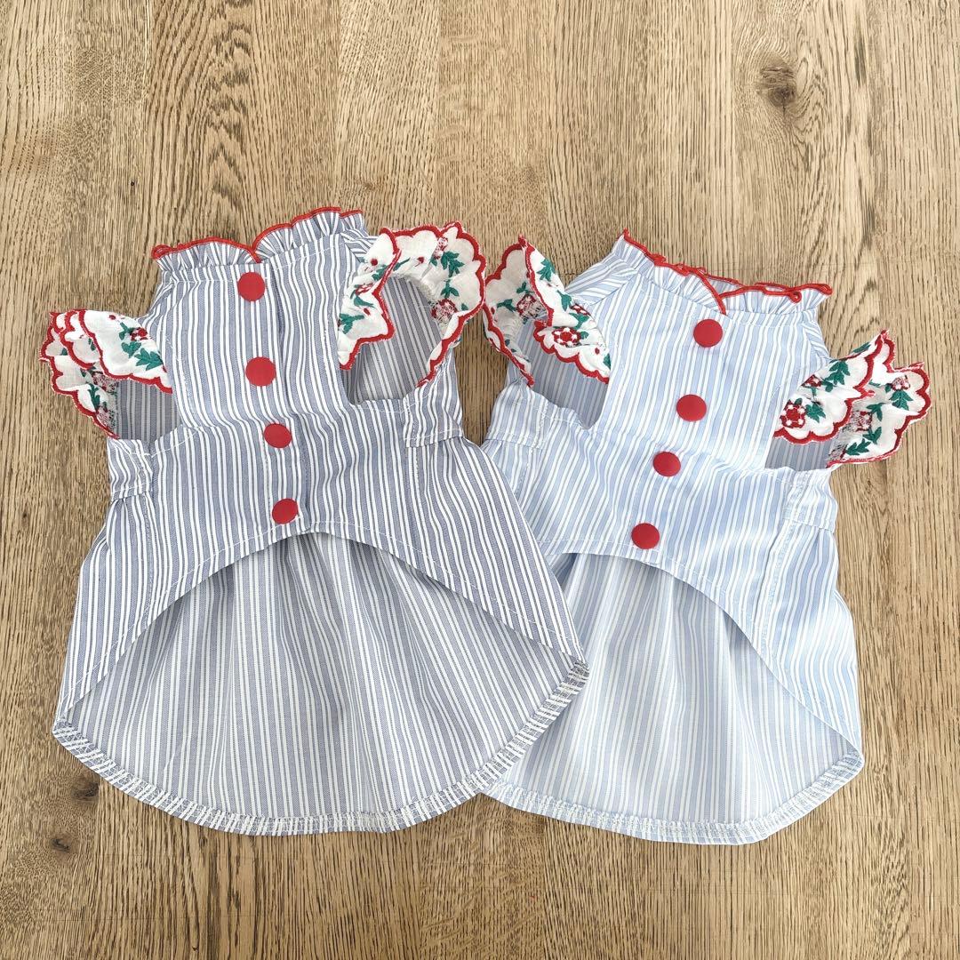 ハンドメイド　花柄刺繍フリル×シャツ地ストライプ　立ち襟前開きワンピース　犬服
