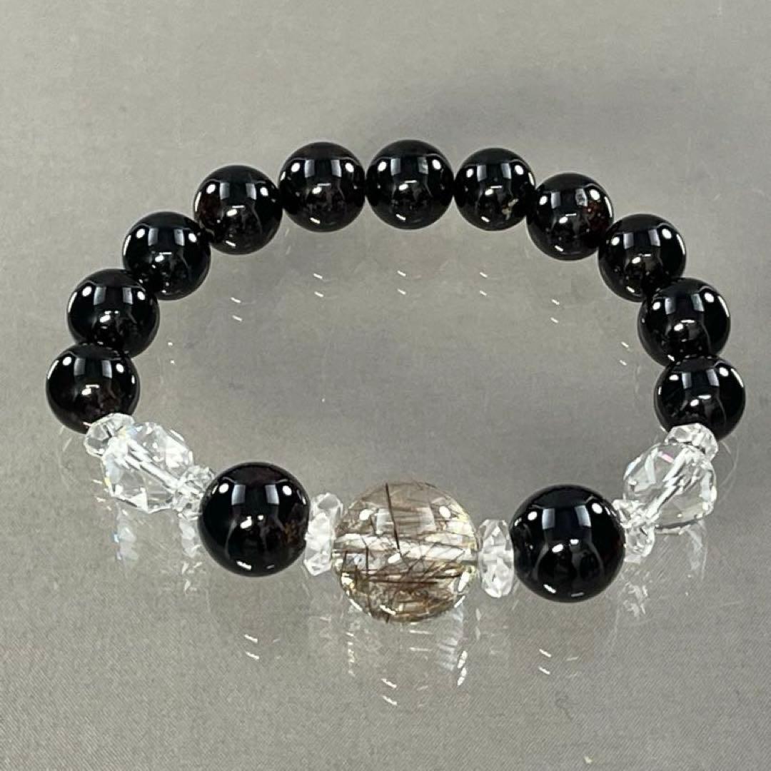 BRY1013⭐️ブラックルチル・ガーネット・水晶ブレスレット⭐️高品質　天然石