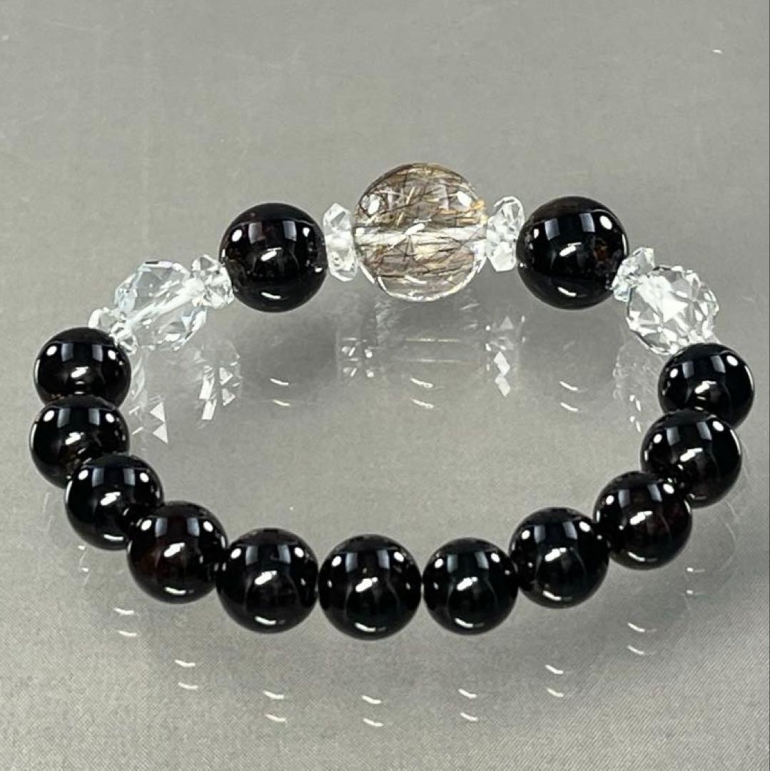 BRY1013⭐️ブラックルチル・ガーネット・水晶ブレスレット⭐️高品質　天然石