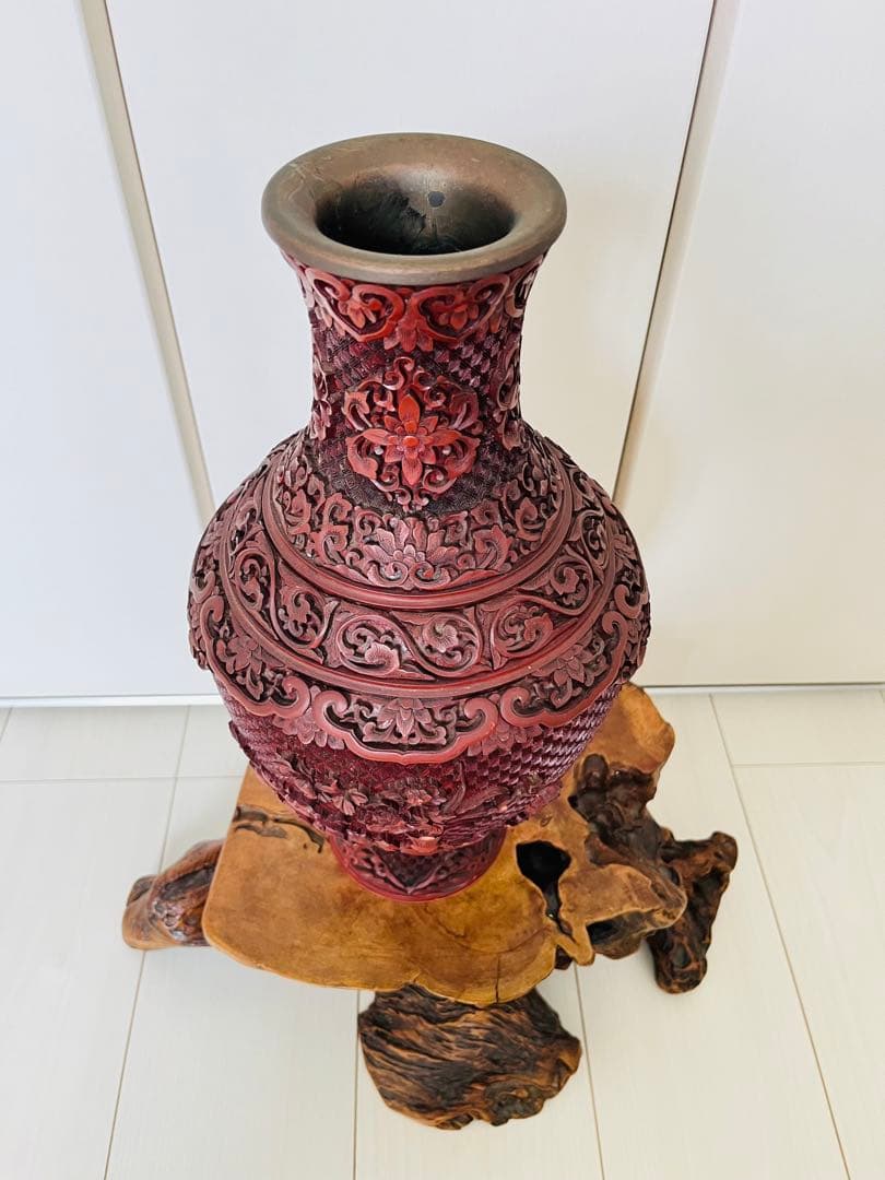 銅胎堆朱花瓶、台湾堆朱、アンティーク、古美術、芸術品、置物、コレクション