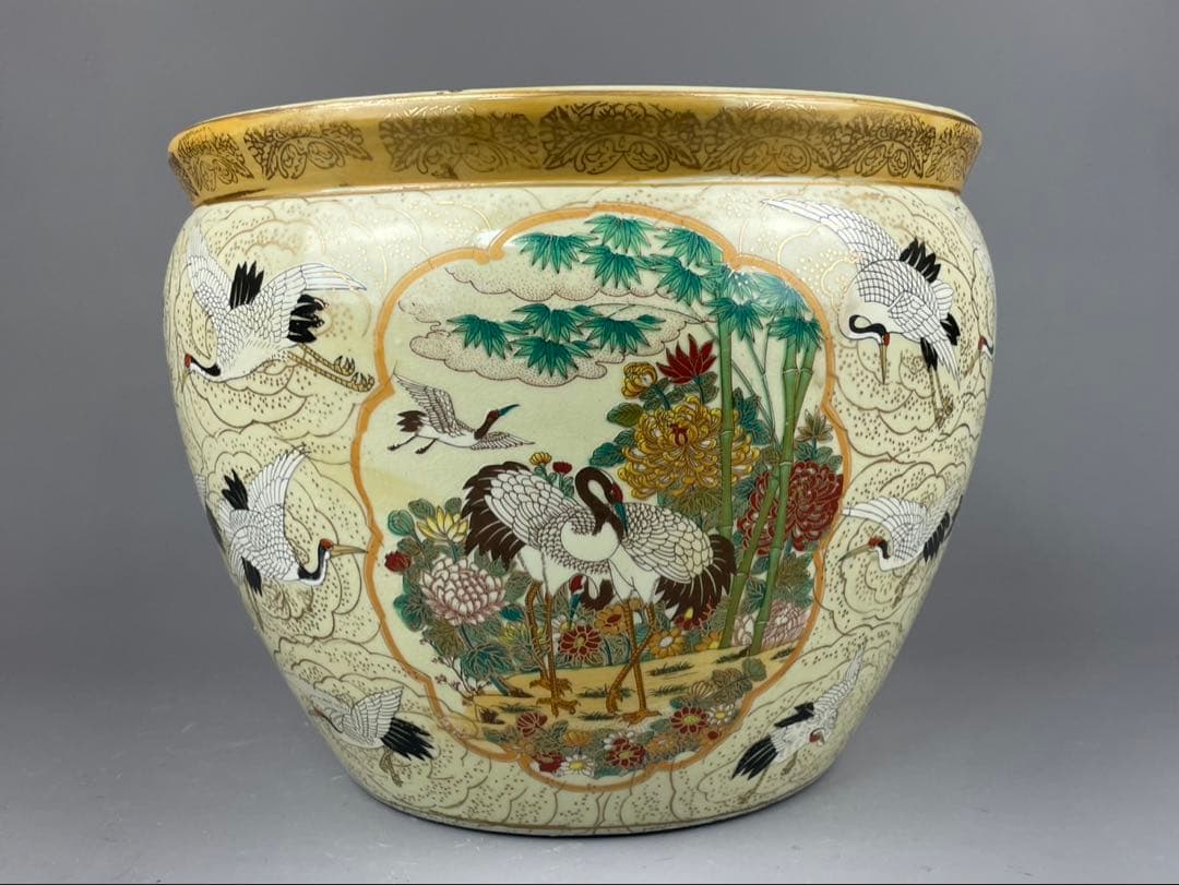 薩摩 手あぶり火鉢 鶴 菊 花鳥図 金魚鉢 メダカ鉢 陶器 壺 置物