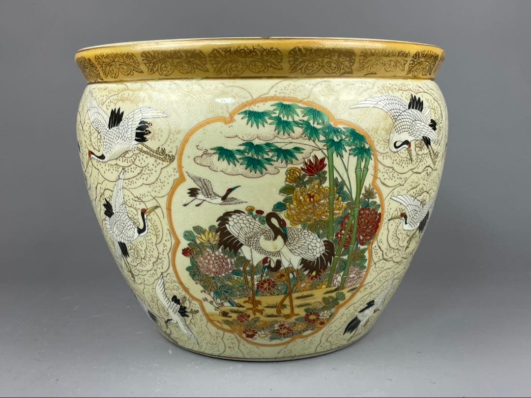 薩摩 手あぶり火鉢 鶴 菊 花鳥図 金魚鉢 メダカ鉢 陶器 壺 置物