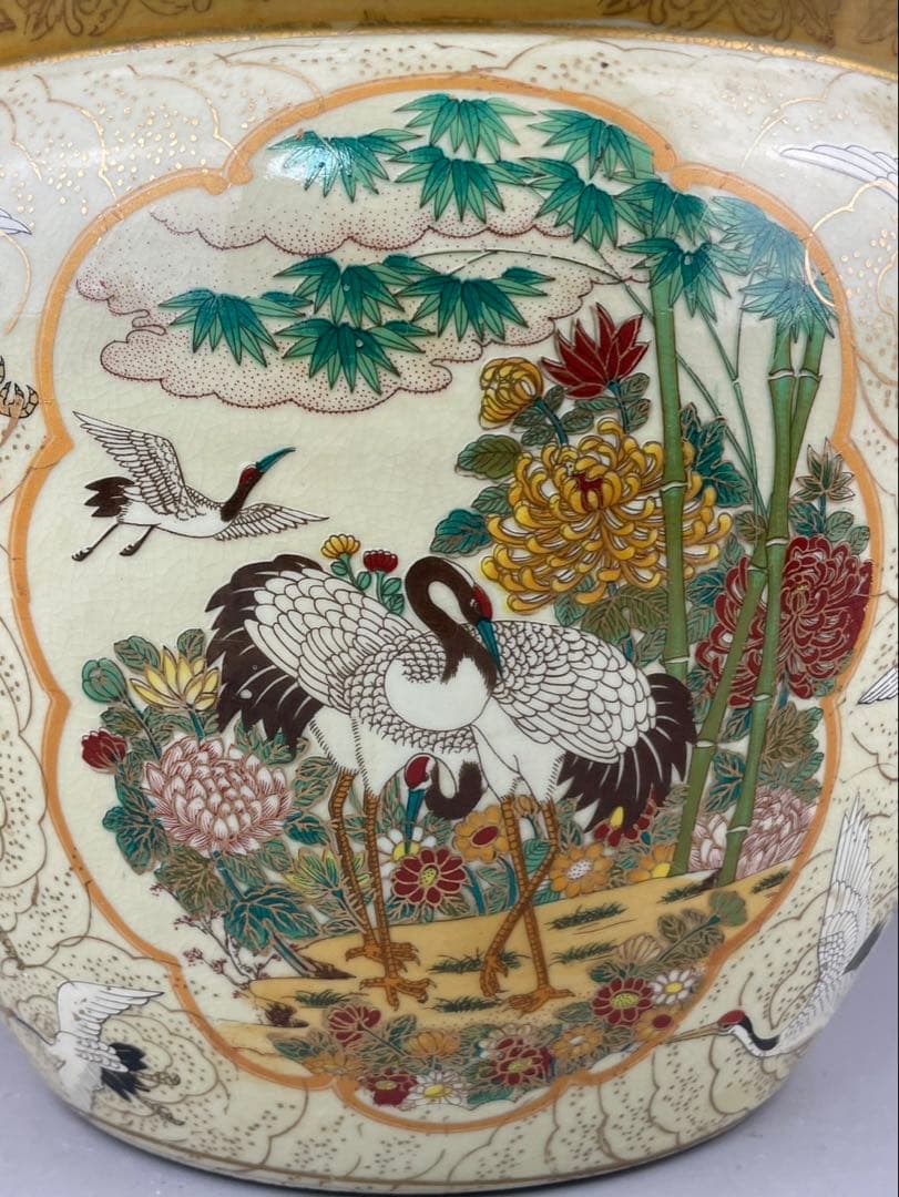 薩摩 手あぶり火鉢 鶴 菊 花鳥図 金魚鉢 メダカ鉢 陶器 壺 置物