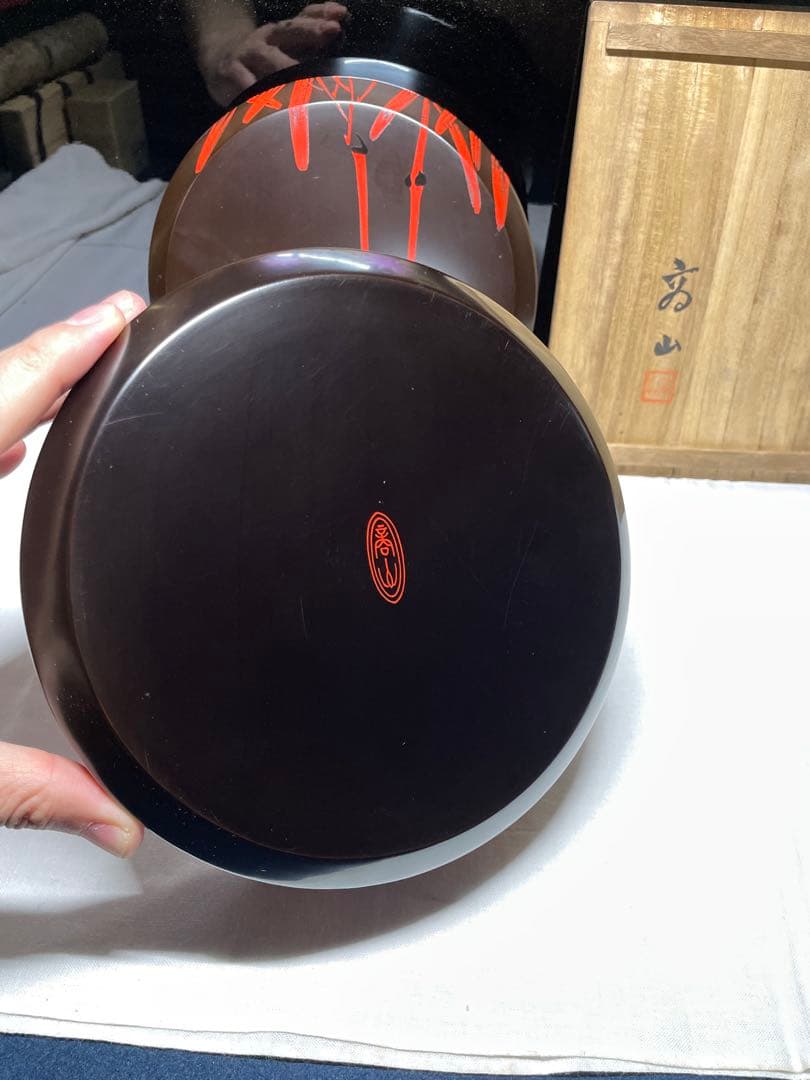朱竹絵　菓子籠。漆器。茶道具。昭和時代。山岡商山堂。美品。