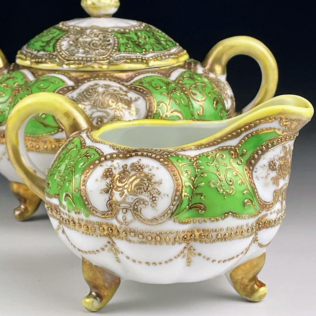 オールドノリタケ 三脚 グリーンエナメル 盛上げ金彩 シュガーボウル クリーマー