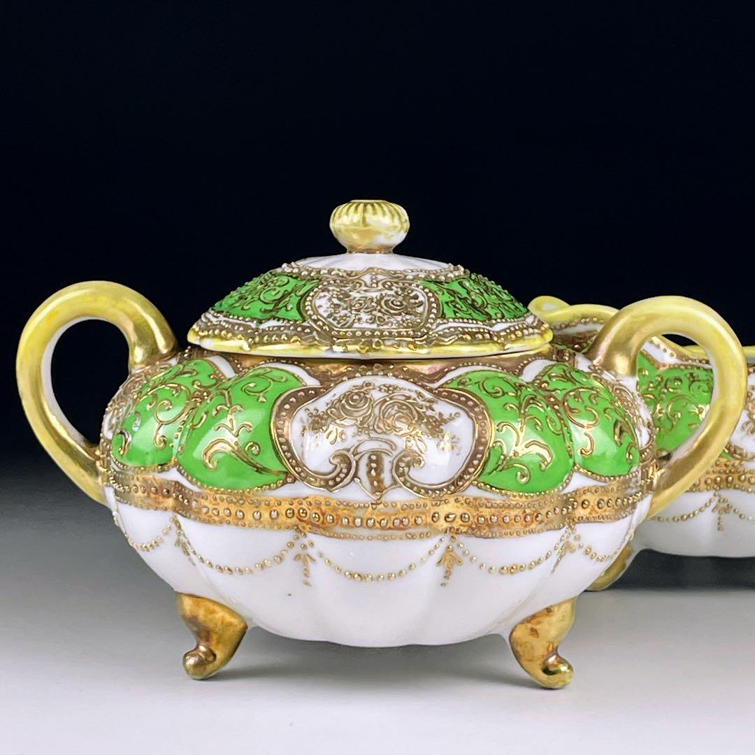 オールドノリタケ 三脚 グリーンエナメル 盛上げ金彩 シュガーボウル クリーマー