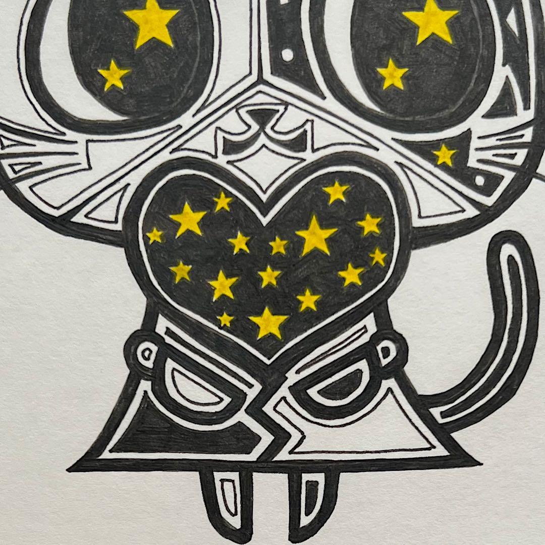 動物 原画 絵 手描き 癒し 猫 一点物 額縁付き 『星のおすそわけ』