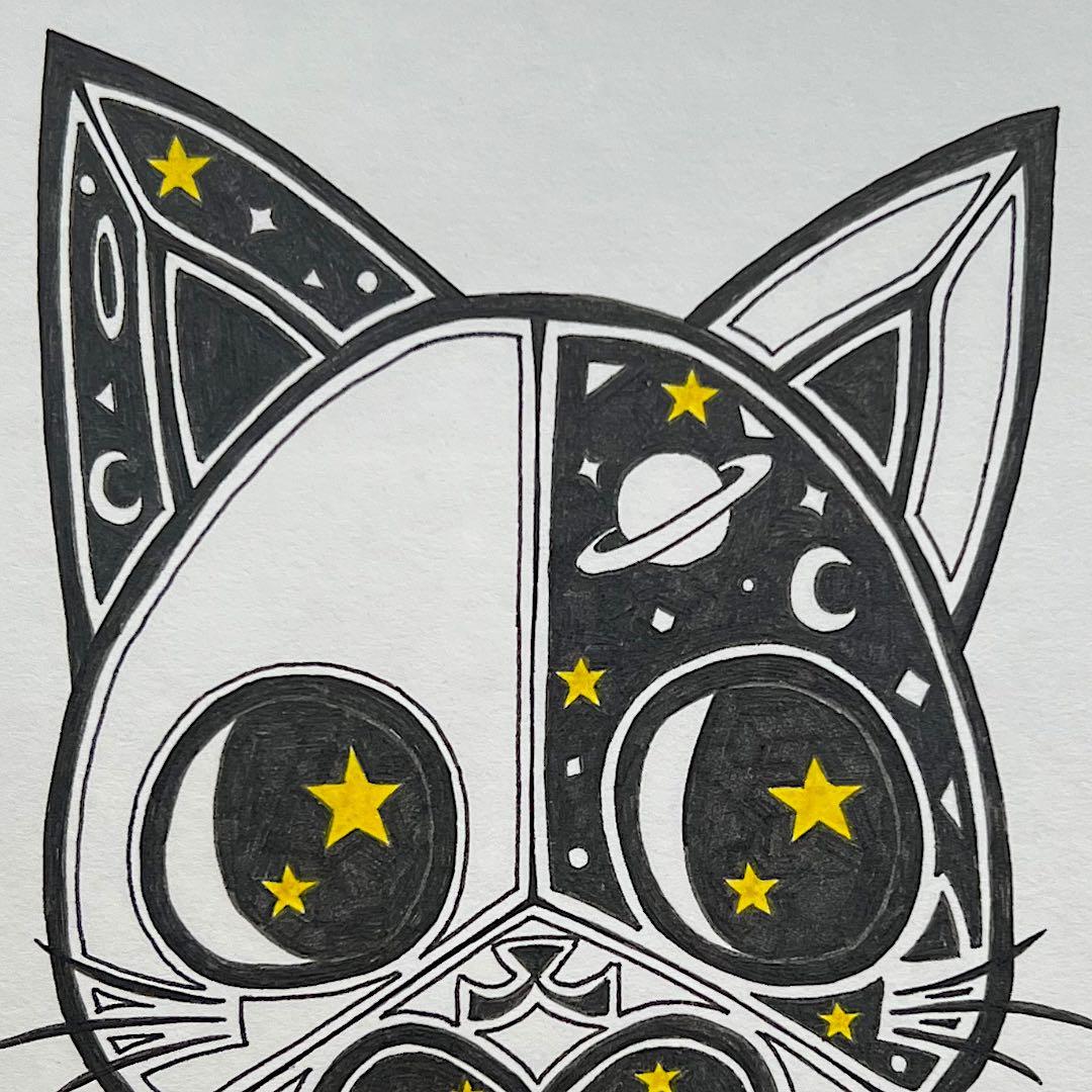 動物 原画 絵 手描き 癒し 猫 一点物 額縁付き 『星のおすそわけ』