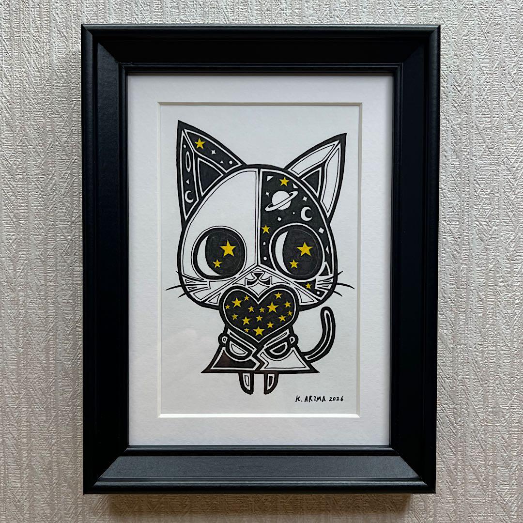 動物 原画 絵 手描き 癒し 猫 一点物 額縁付き 『星のおすそわけ』